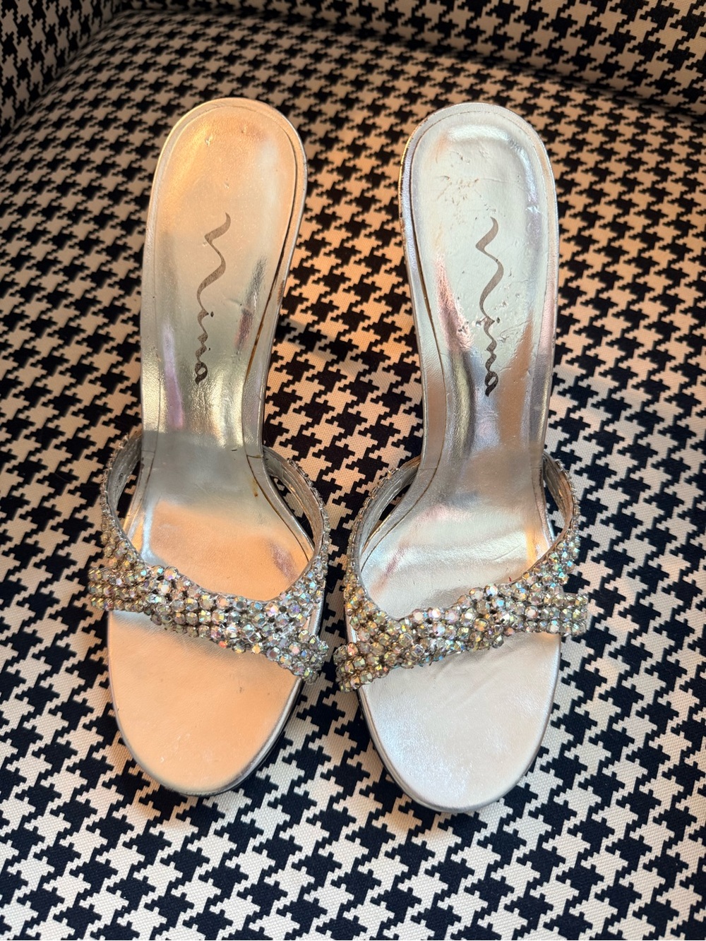 Nina Silver Crystal-Embellished Slide Heels
